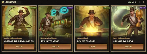 Aventurero explorando una selección de bonos destacados en un entorno de templo iluminado, simbolizando múltiples oportunidades y recompensas disponibles al acceder al casino en línea de sankra