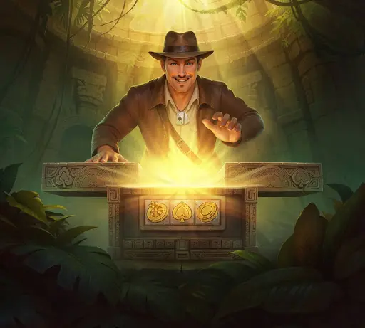 Explorador con sombrero inclinado sobre un pedestal de piedra del que emerge una luz dorada intensa, iluminando sus manos y el rostro dentro de un templo circular cubierto de vegetación, en el momento de acceder a sankra